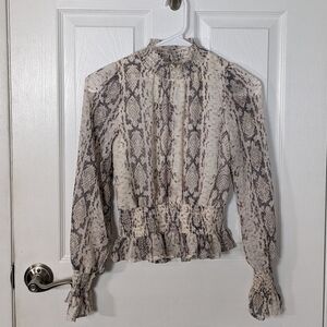 Japna‎ Snakeskin Print Mock Neck Smocked Waist Long Sleeve Blouse Size XS